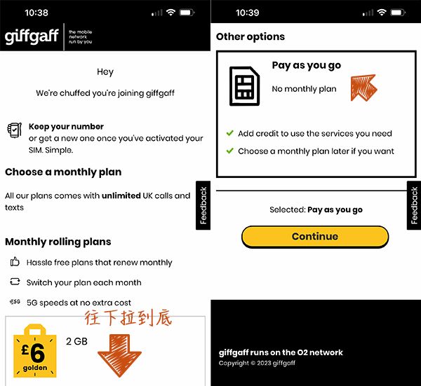 英國 giffgaff 電信 SIM 卡啟用流程：選擇 pay as you go 進行儲值