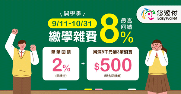 開學季悠遊付繳學雜費 最高回饋8% (2023年9月份)