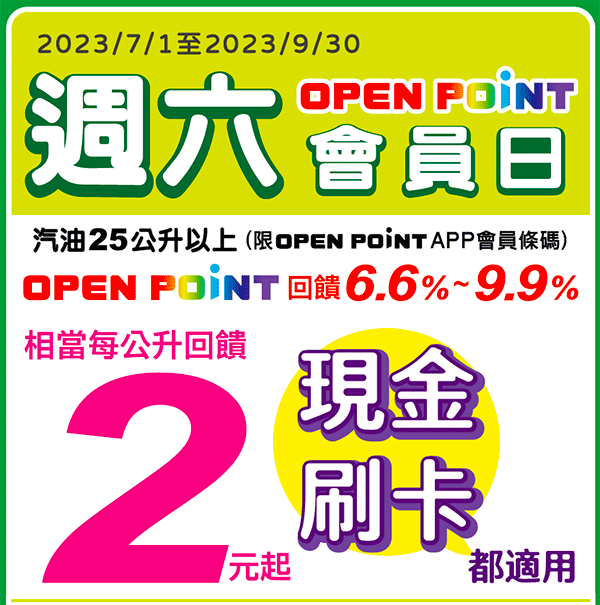 OPEN Point 會員日周六滿25公升 信用卡/現金最高 6.6% ~ 9.9% 回饋 (2023年第3季)
