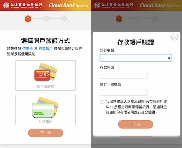 Cloud Bank 申請流程：帳戶認證方式(銀行帳戶或信用卡)