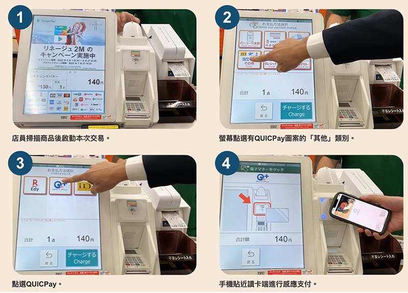 聯邦吉鶴卡在日本便利商店透過 QuicPay 的結帳過程