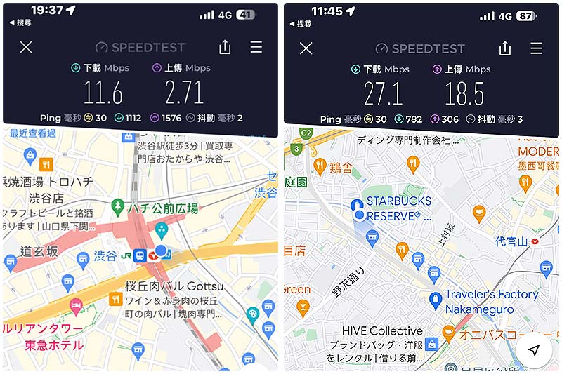 Wi-Go 日本無限卡 日本網卡 東京實際測速結果 - 涉谷 & 中目黑