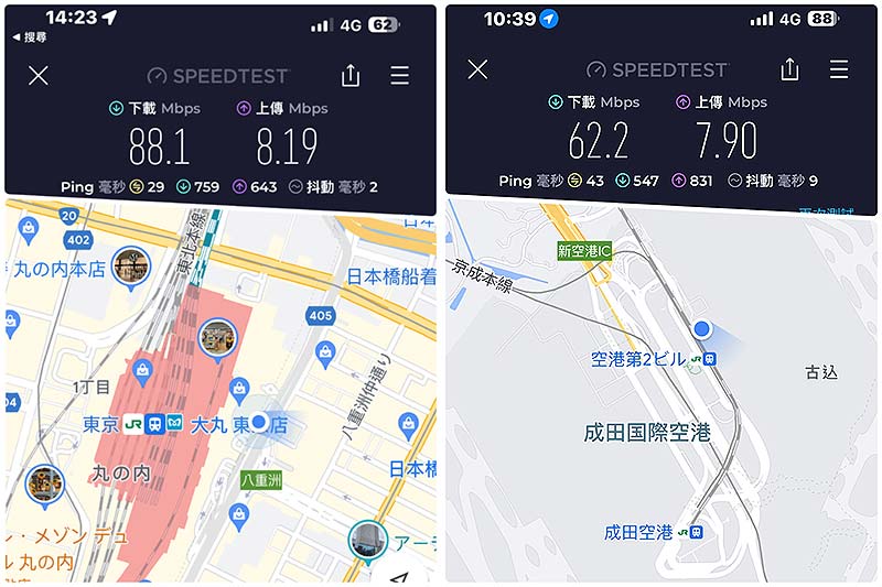 Wi-Go 日本無限卡 日本網卡 東京實際測速結果 - 東京地下街 & 成田空港
