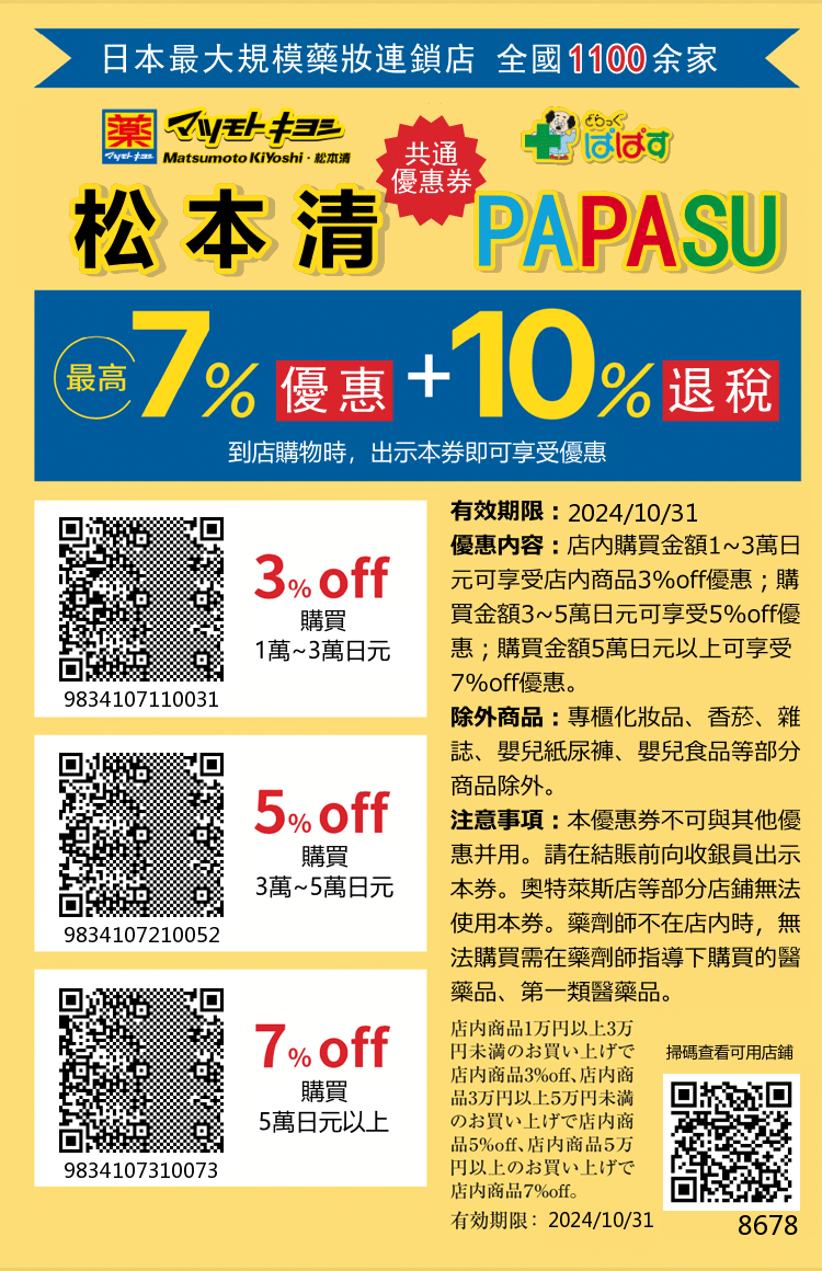 松本清官方 日本藥妝優惠券 滿萬折最高折 7% (到2024年10月底截止)